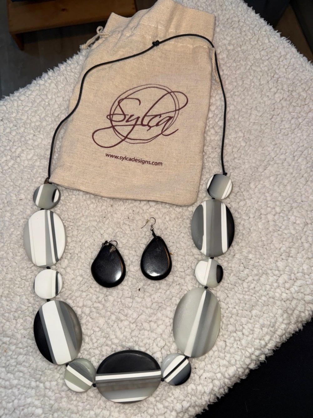 Sylca Gray & Black Striped Resin Statement Necklace with Matching Earrings